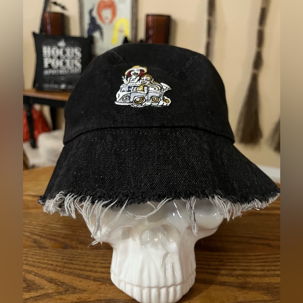 Frayed Black Denim Bucket Hat - 2 Girls in a VW Bus Embroidery - Unisex Adult OS